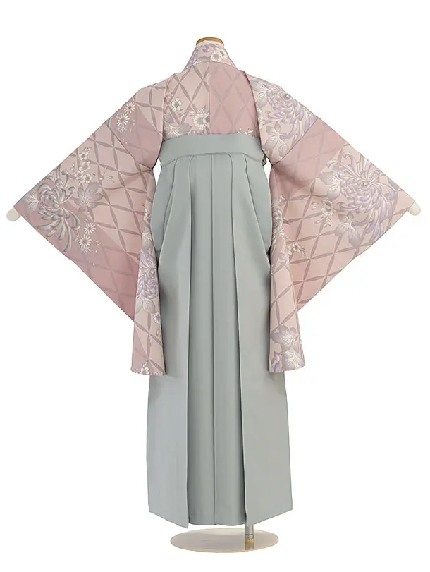 小学生卒業式かんたん袴（女の子）A112 くすみピンク 菊七宝つなぎ／グレー袴