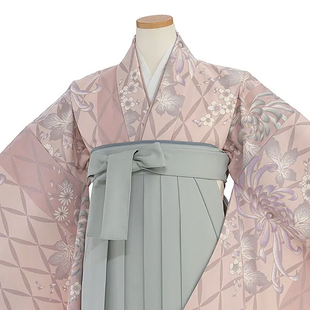 小学生卒業式かんたん袴（女の子）A112 くすみピンク 菊七宝つなぎ／グレー袴