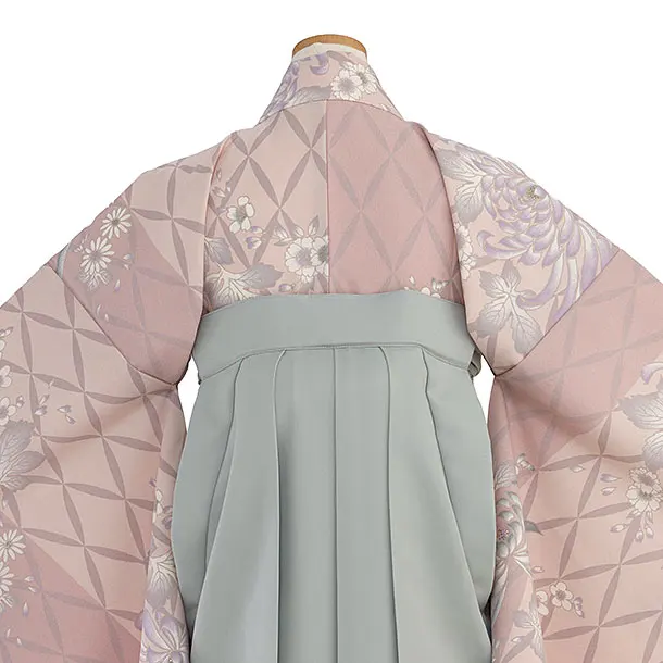 小学生卒業式かんたん袴（女の子）A112 くすみピンク 菊七宝つなぎ／グレー袴