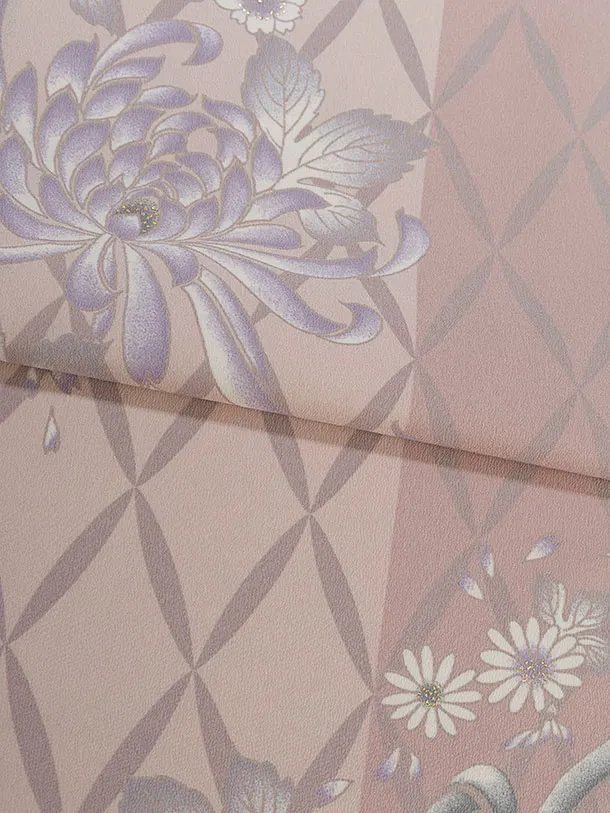 小学生卒業式かんたん袴（女の子）A112 くすみピンク 菊七宝つなぎ／グレー袴