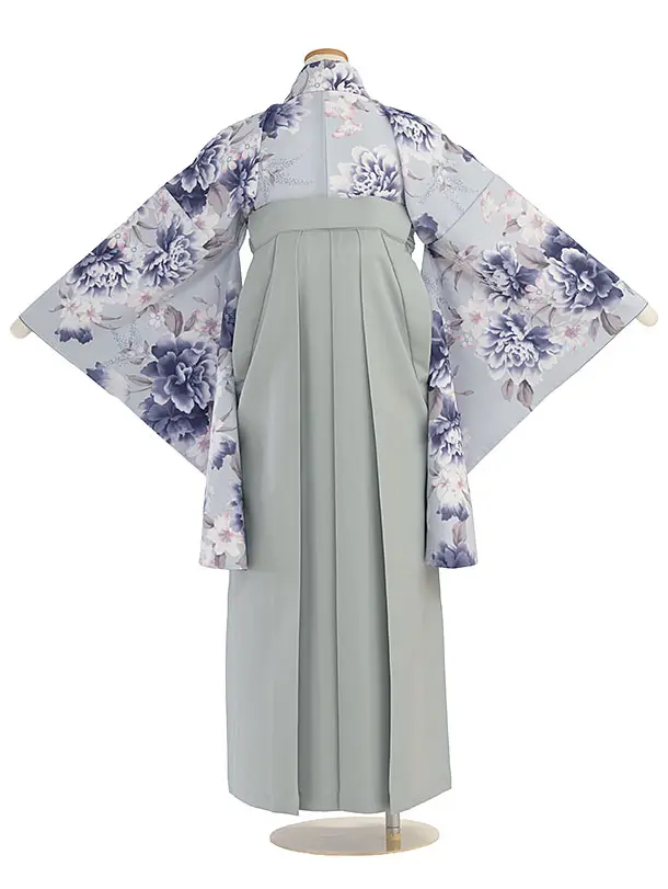 小学生卒業式かんたん袴（女の子）A113 淡ブルーグレー 牡丹／グレー袴