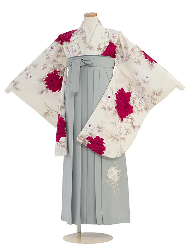 小学生卒業式かんたん袴（女の子）A114 オフホワイト 牡丹／グレー袴