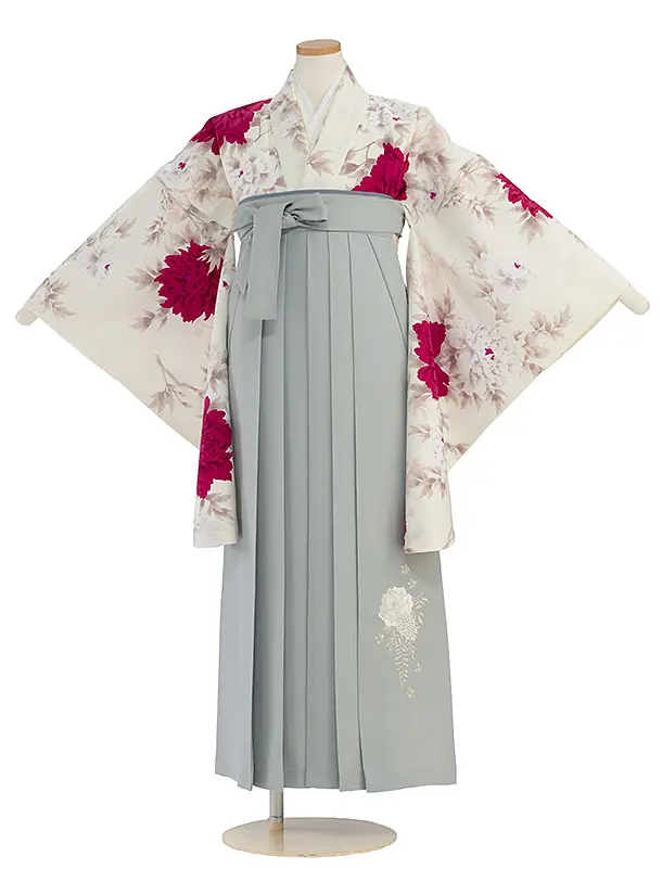 小学生卒業式かんたん袴（女の子）A114 オフホワイト 牡丹／グレー袴