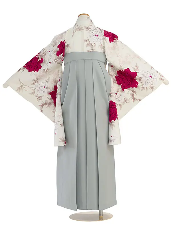 小学生卒業式かんたん袴（女の子）A114 オフホワイト 牡丹／グレー袴