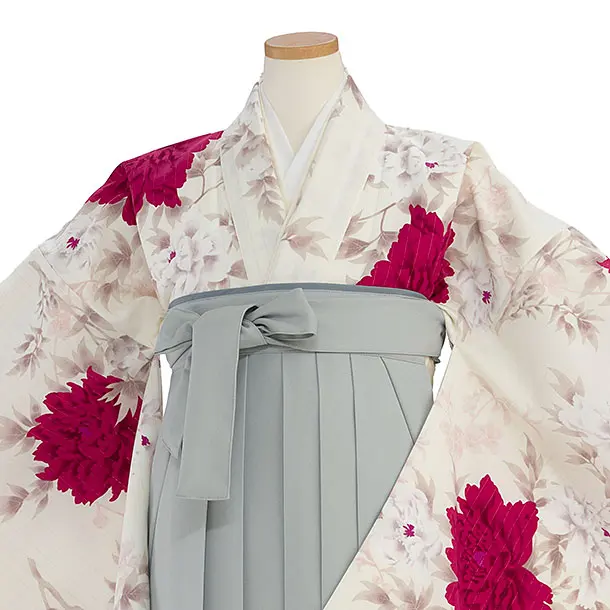 小学生卒業式かんたん袴（女の子）A114 オフホワイト 牡丹／グレー袴