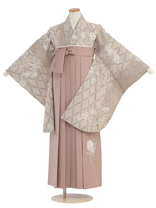 小学生卒業式かんたん袴（女の子）A115 ベージュ菊七宝つなぎ／ピンクベージュ袴