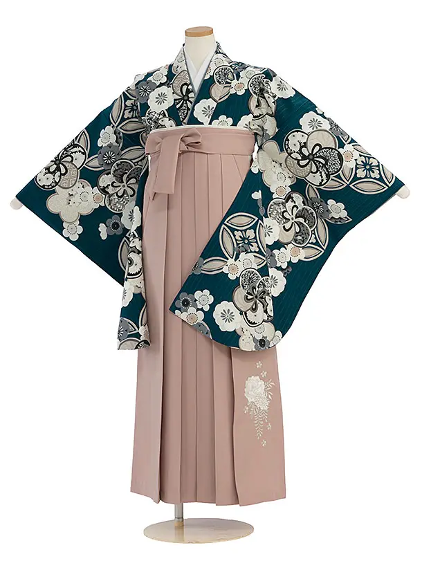 小学生卒業式かんたん袴（女の子）A116 深青緑 華七宝／ピンクベージュ袴