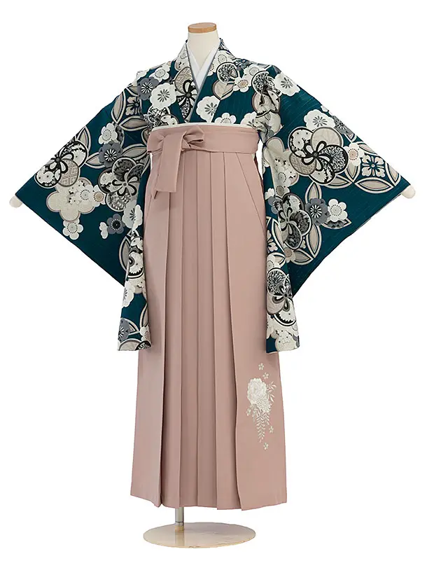 小学生卒業式かんたん袴（女の子）A116 深青緑 華七宝／ピンクベージュ袴