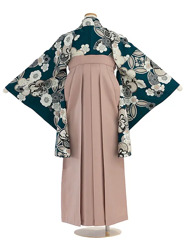 小学生卒業式かんたん袴（女の子）A116 深青緑 華七宝／ピンクベージュ袴