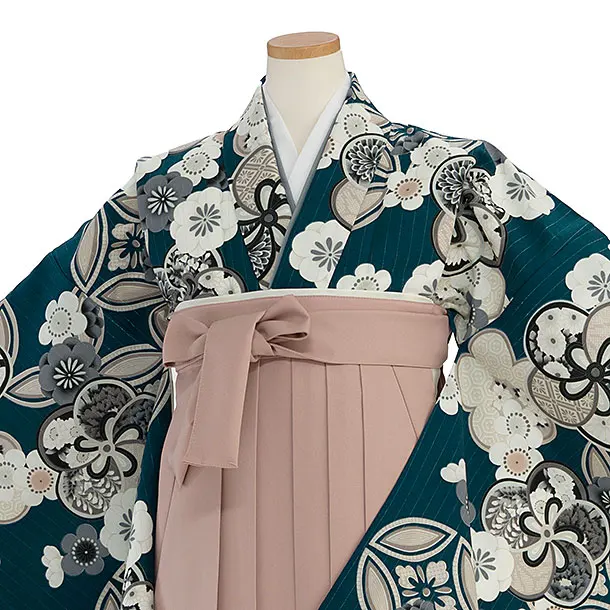 小学生卒業式かんたん袴（女の子）A116 深青緑 華七宝／ピンクベージュ袴