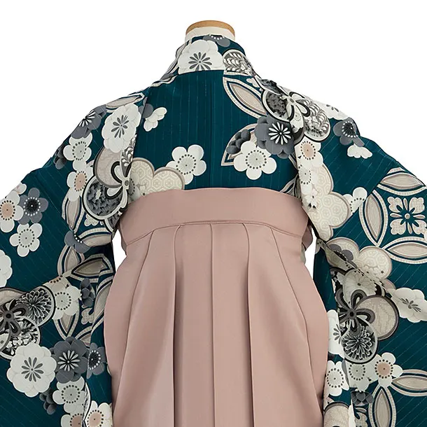 小学生卒業式かんたん袴（女の子）A116 深青緑 華七宝／ピンクベージュ袴