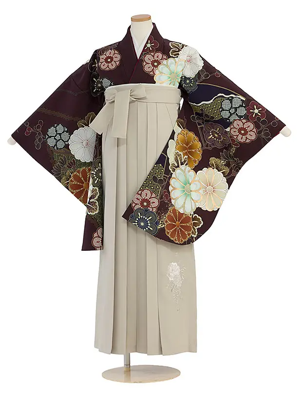 小学生卒業式かんたん袴（女の子）A117 深赤紫 華扇／ベージュ袴