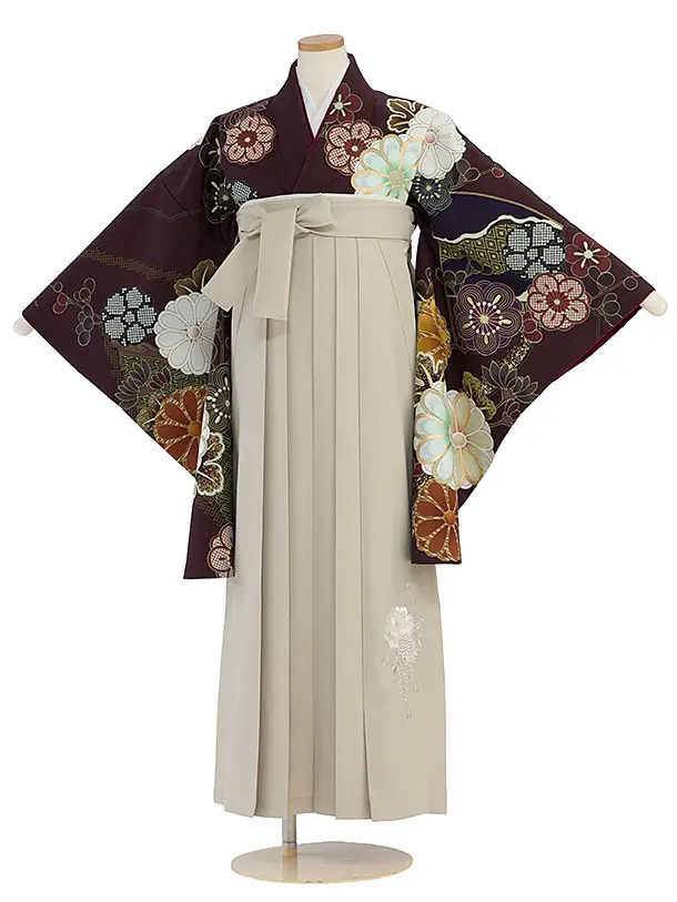 小学生卒業式かんたん袴（女の子）A117 深赤紫 華扇／ベージュ袴