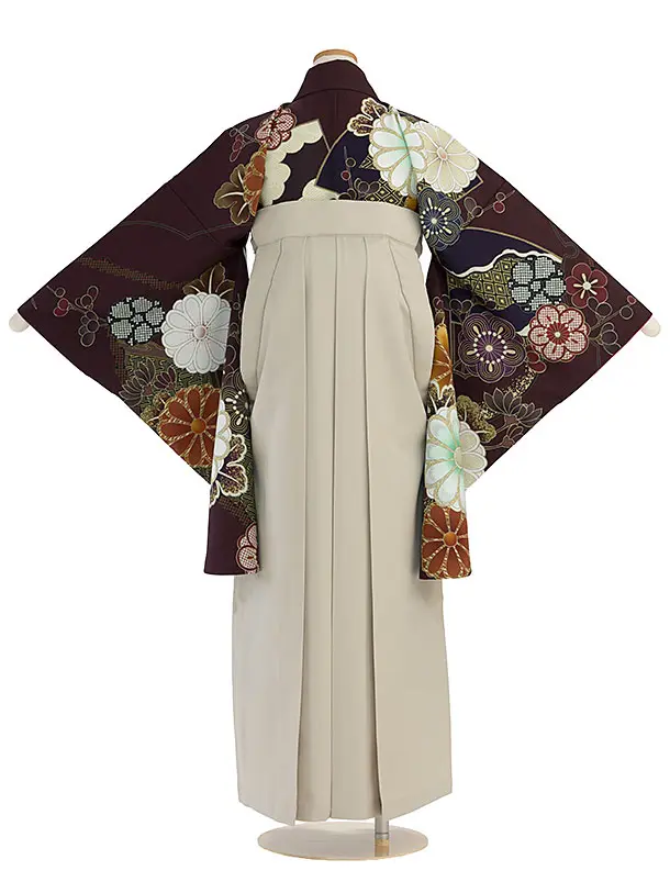 小学生卒業式かんたん袴（女の子）A117 深赤紫 華扇／ベージュ袴