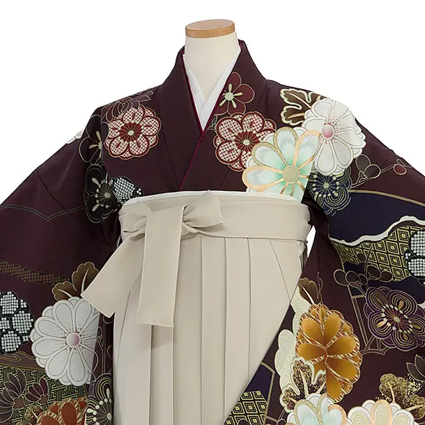 小学生卒業式かんたん袴（女の子）A117 深赤紫 華扇／ベージュ袴