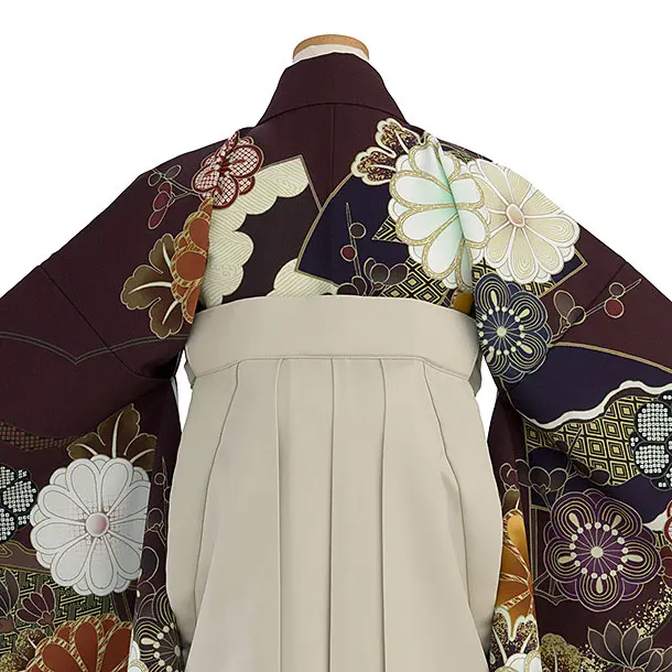 小学生卒業式かんたん袴（女の子）A117 深赤紫 華扇／ベージュ袴