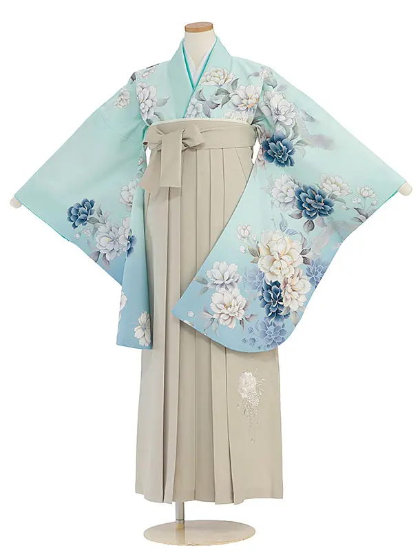 小学生卒業式かんたん袴（女の子）A118 水色 牡丹／ベージュ袴