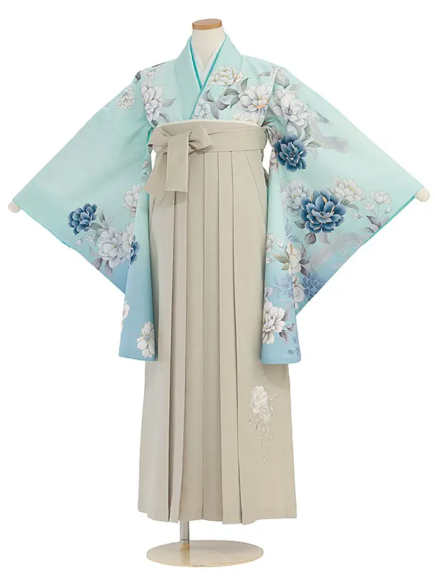 小学生卒業式かんたん袴（女の子）A118 水色 牡丹／ベージュ袴