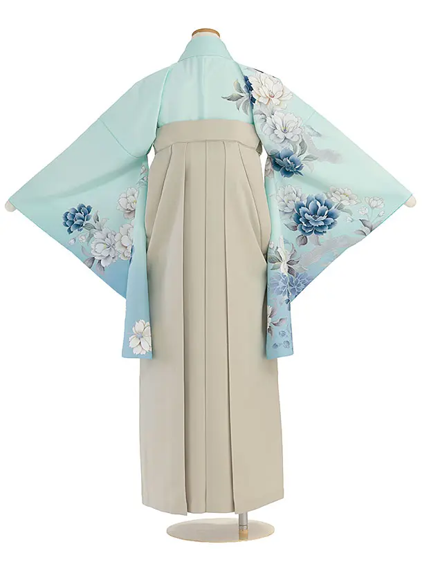 小学生卒業式かんたん袴（女の子）A118 水色 牡丹／ベージュ袴