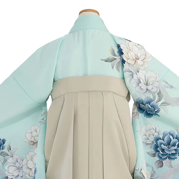 小学生卒業式かんたん袴（女の子）A118 水色 牡丹／ベージュ袴