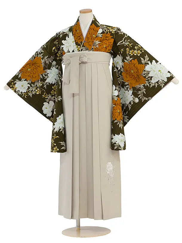 小学生卒業式かんたん袴（女の子）A119 カーキ 華扇／ベージュ袴