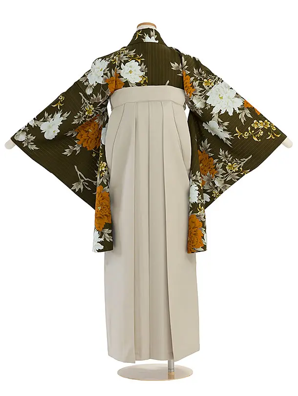 小学生卒業式かんたん袴（女の子）A119 カーキ 華扇／ベージュ袴