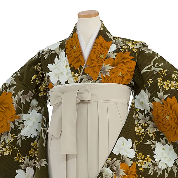 小学生卒業式かんたん袴（女の子）A119 カーキ 華扇／ベージュ袴