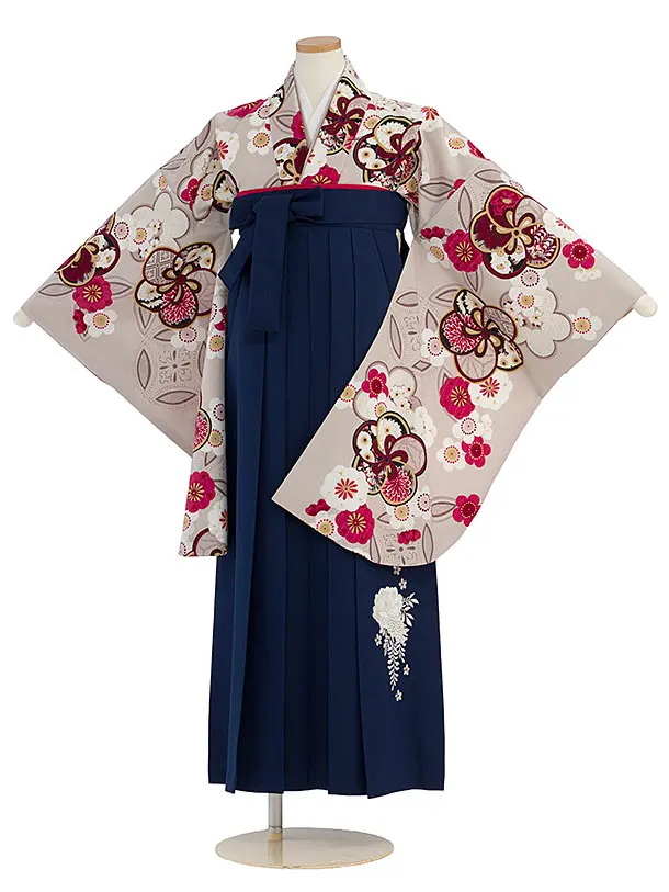 小学生卒業式かんたん袴（女の子）A121 グレージュ 華七宝／紺袴