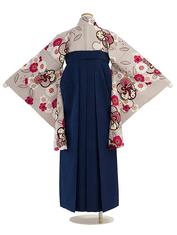 小学生卒業式かんたん袴（女の子）A121 グレージュ 華七宝／紺袴