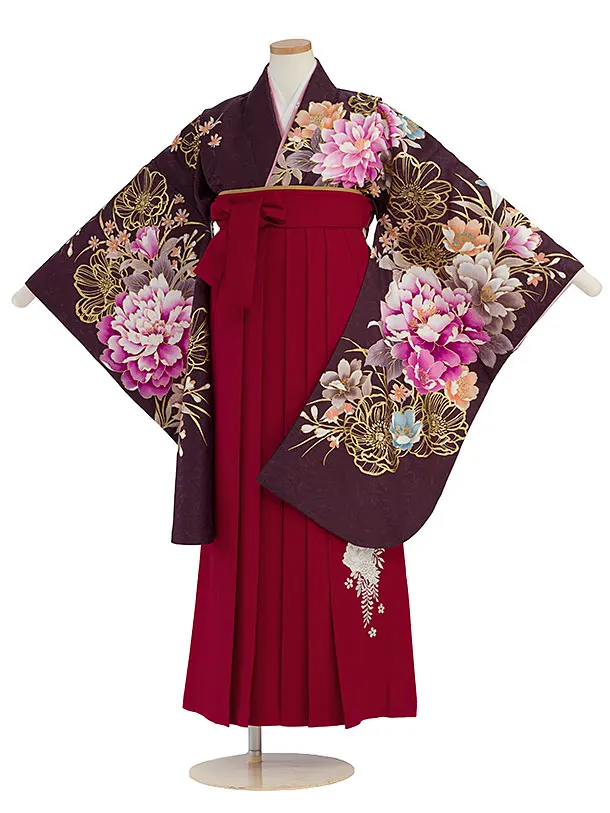 小学生卒業式かんたん袴（女の子）A123 パープルブラウン 牡丹／赤袴