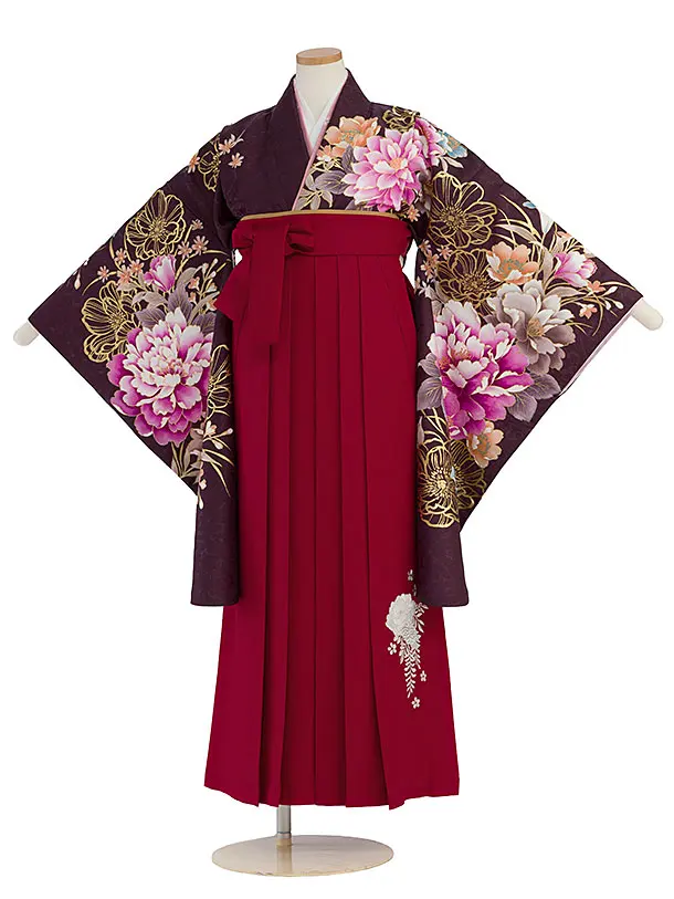 小学生卒業式かんたん袴（女の子）A123 パープルブラウン 牡丹／赤袴