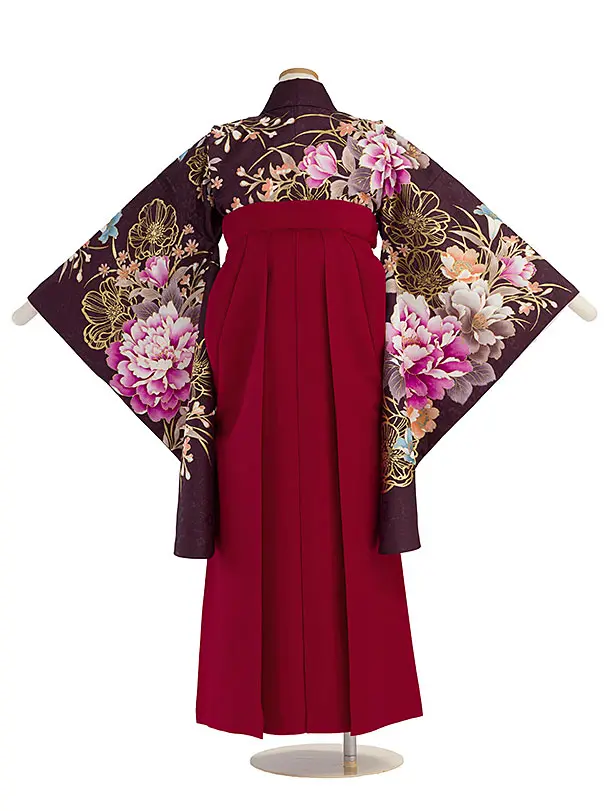 小学生卒業式かんたん袴（女の子）A123 パープルブラウン 牡丹／赤袴