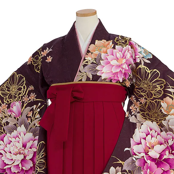 小学生卒業式かんたん袴（女の子）A123 パープルブラウン 牡丹／赤袴