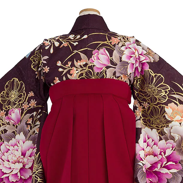 小学生卒業式かんたん袴（女の子）A123 パープルブラウン 牡丹／赤袴