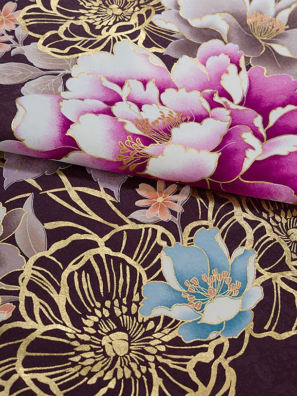 小学生卒業式かんたん袴（女の子）A123 パープルブラウン 牡丹／赤袴