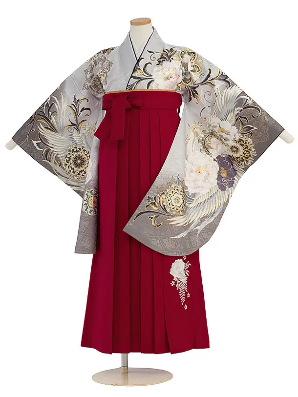 小学生卒業式かんたん袴（女の子）A124 グレー 牡丹鳳凰／赤袴