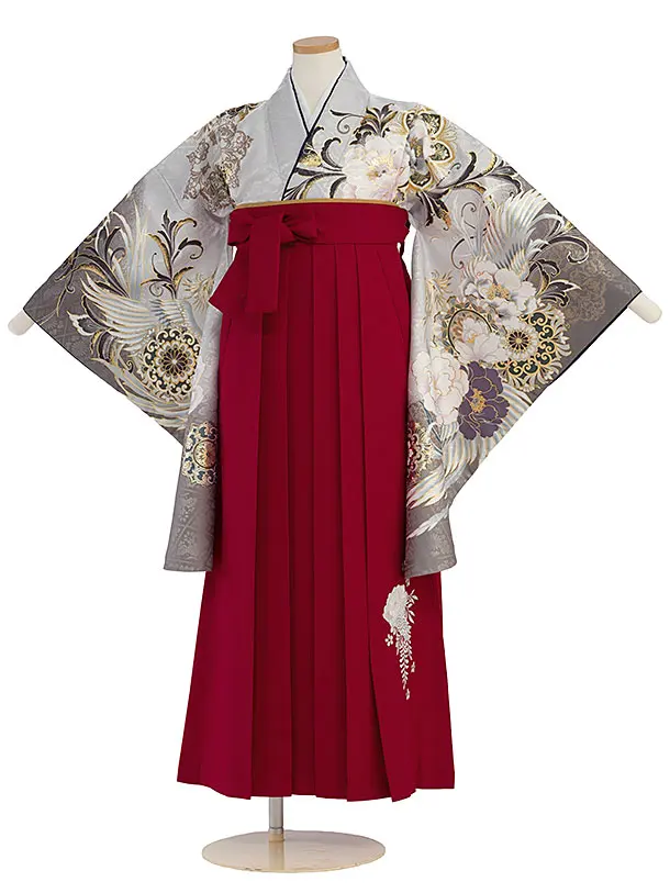 小学生卒業式かんたん袴（女の子）A124 グレー 牡丹鳳凰／赤袴