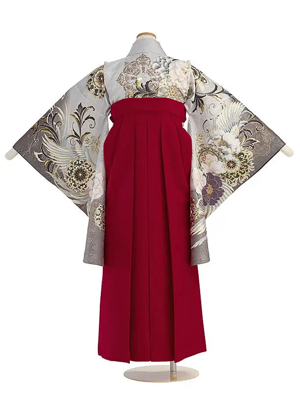 小学生卒業式かんたん袴（女の子）A124 グレー 牡丹鳳凰／赤袴