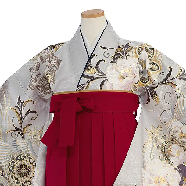 小学生卒業式かんたん袴（女の子）A124 グレー 牡丹鳳凰／赤袴