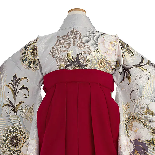 小学生卒業式かんたん袴（女の子）A124 グレー 牡丹鳳凰／赤袴