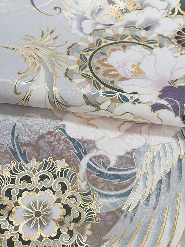 小学生卒業式かんたん袴（女の子）A124 グレー 牡丹鳳凰／赤袴