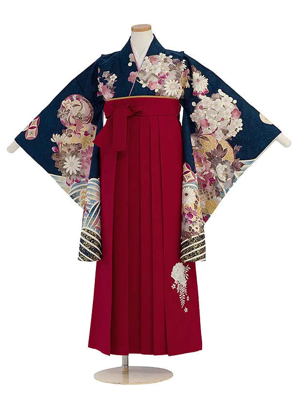小学生卒業式かんたん袴（女の子）A125 紺 梅牡丹／赤袴