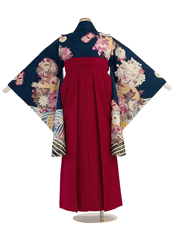 小学生卒業式かんたん袴（女の子）A125 紺 梅牡丹／赤袴