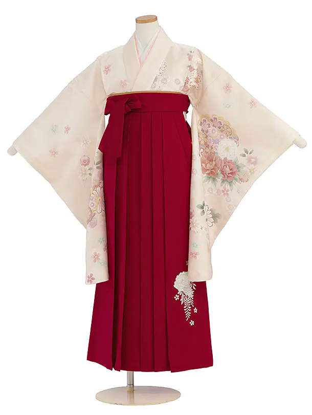 小学生卒業式かんたん袴（女の子）A126 クリーム 華雪輪／赤袴