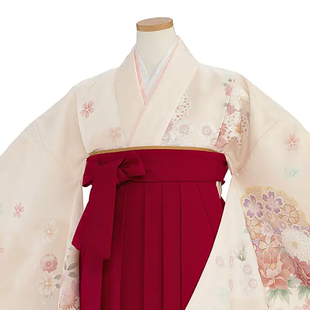 小学生卒業式かんたん袴（女の子）A126 クリーム 華雪輪／赤袴