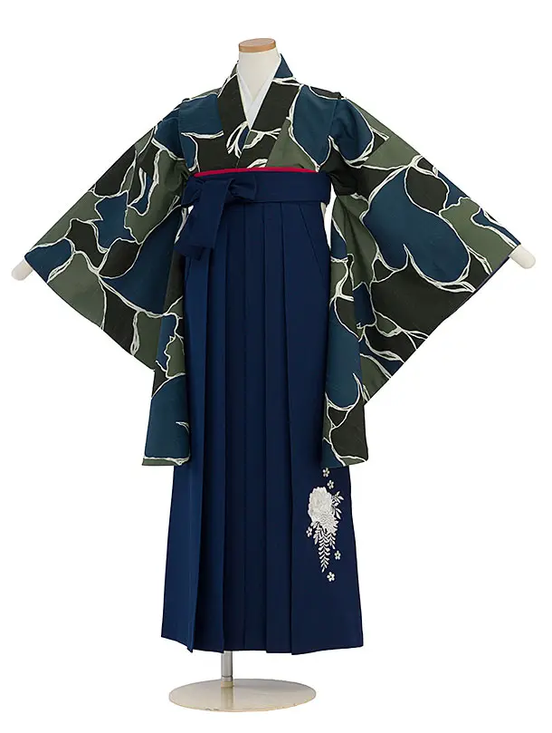 小学生卒業式かんたん袴（女の子）A127 黒青緑 猫／紺袴