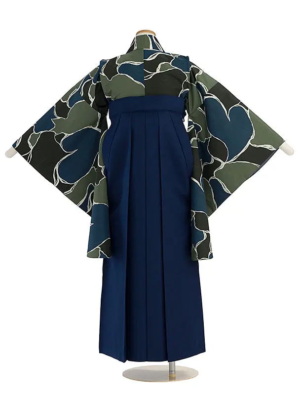 小学生卒業式かんたん袴（女の子）A127 黒青緑 猫／紺袴