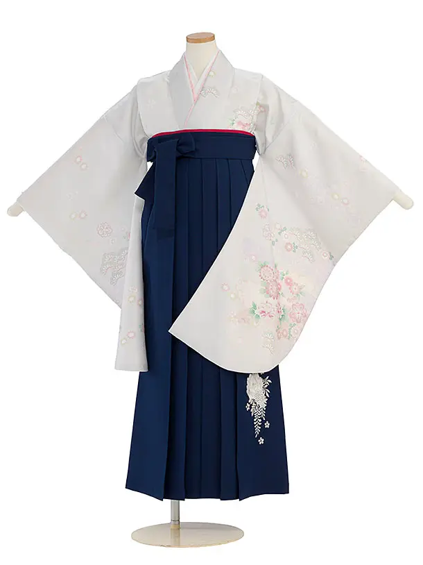 小学生卒業式かんたん袴（女の子）A128 淡グレー 秀花瑞祥／紺袴