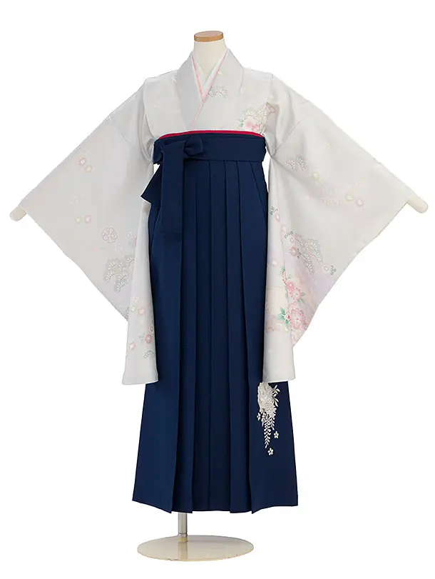 小学生卒業式かんたん袴（女の子）A128 淡グレー 秀花瑞祥／紺袴