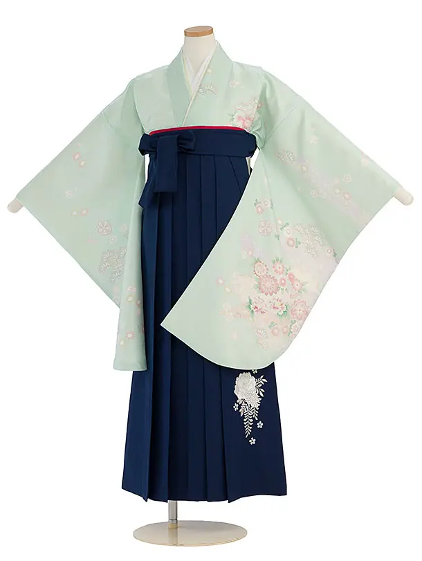 小学生卒業式かんたん袴（女の子）A129 薄緑 秀花瑞祥／紺袴